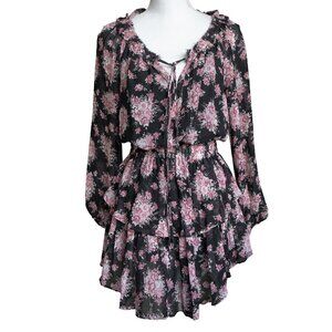 Love Shack Fancy Silk Dress Coquette Tier Ruffle Black Floral Feminine Mini